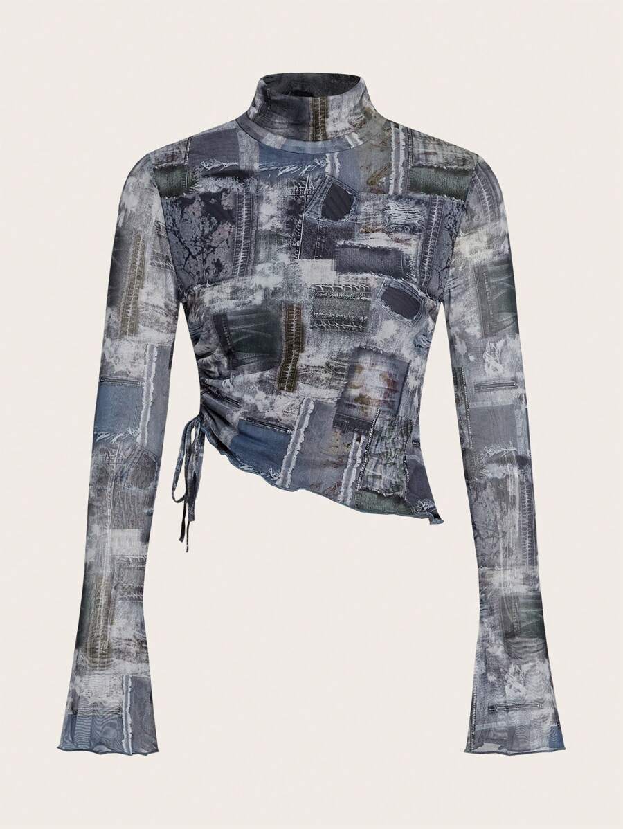 SHEIN ICON 滿版印花側抽繩喇叭袖小高領不對稱下擺網紗T恤 - 藏蓝色 - 查看 1