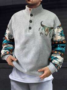 Manfinity Homme Loose Fit Men's Half Button Animal Printed Sweatshirt - Grey - View 1