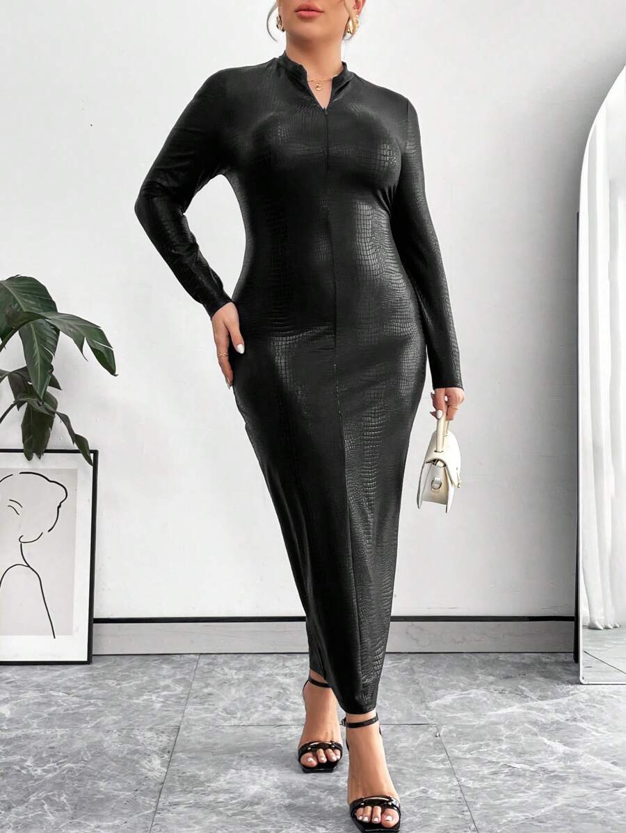SHEIN Privé Women's Plus Size Spring Black V-Neck Slit PU Crocodile Pattern Long Sleeve Dress - Black - View 1
