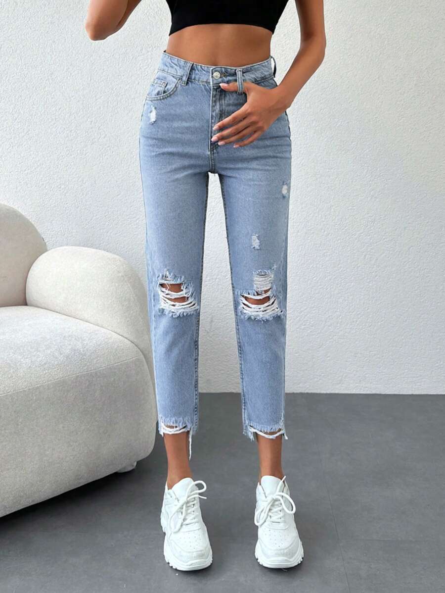 EURMUSE 100%Cotton Ripped Raw Hem Mom Fit Jeans - Light Wash - View 1