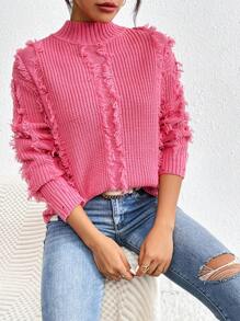 SHEIN LUNE 女用流蘇立領套頭毛衣 - 玫紅色 - 查看 1