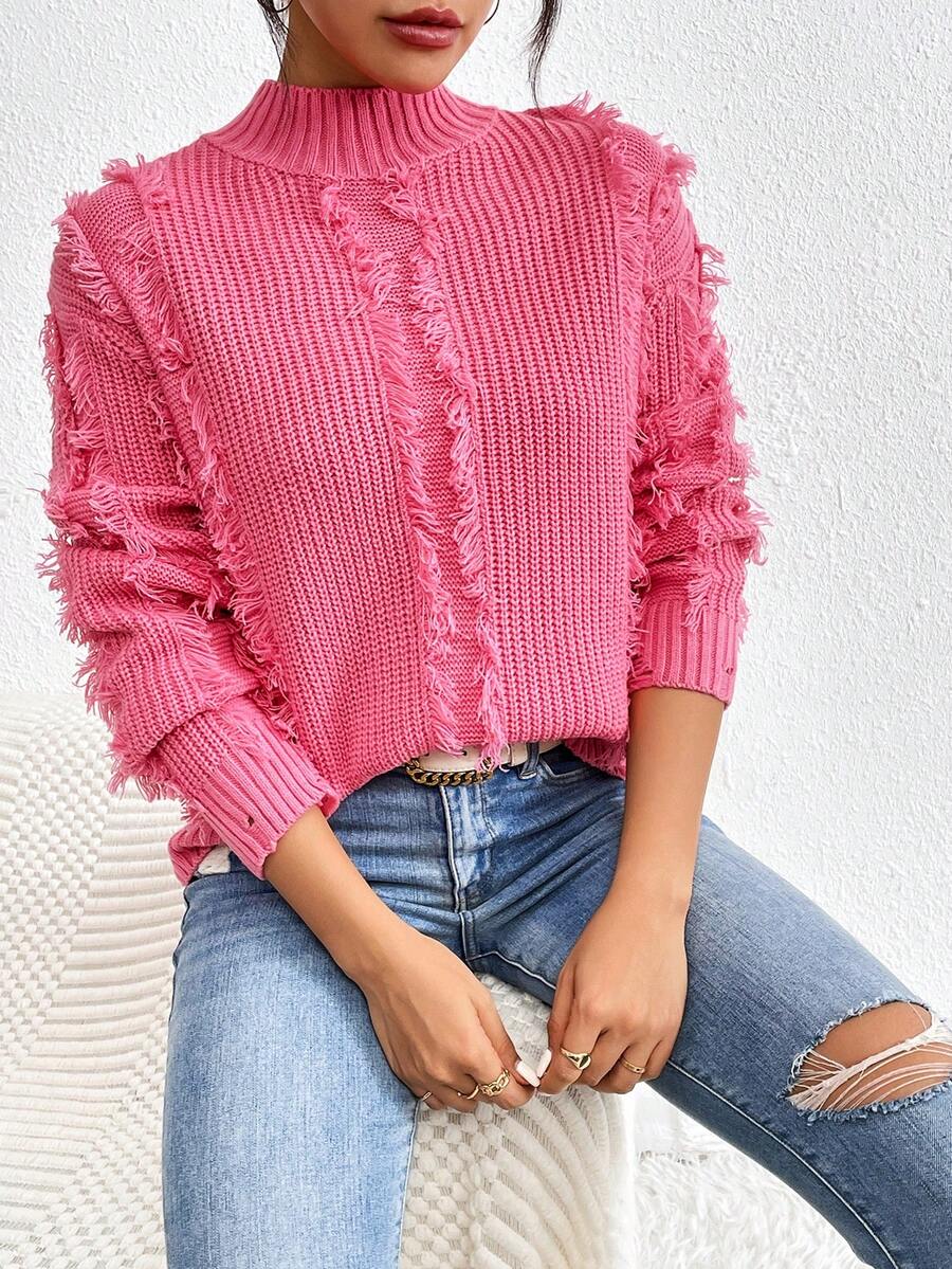 SHEIN LUNE 女用流蘇立領套頭毛衣 - 玫紅色 - 查看 1
