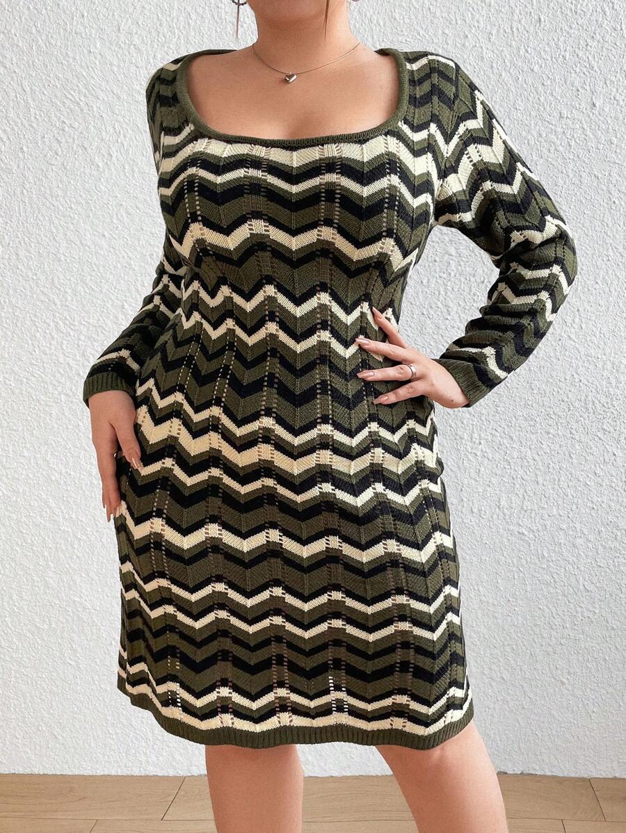 Flirla 加大碼山形紋毛衣連身裙,大圓領 - 咖啡棕 - 查看 1