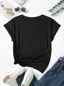 INAWLY Women's Short Sleeve T-Shirt With Letter Rhinestone Decor Graphic Tees Women Tops - Black - View 2