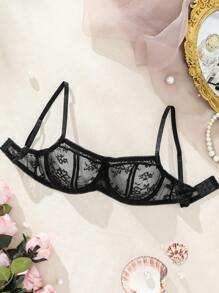 Sujetador de encaje con soporte de aros para mujer, lencería sexy - Negro - Ver 1