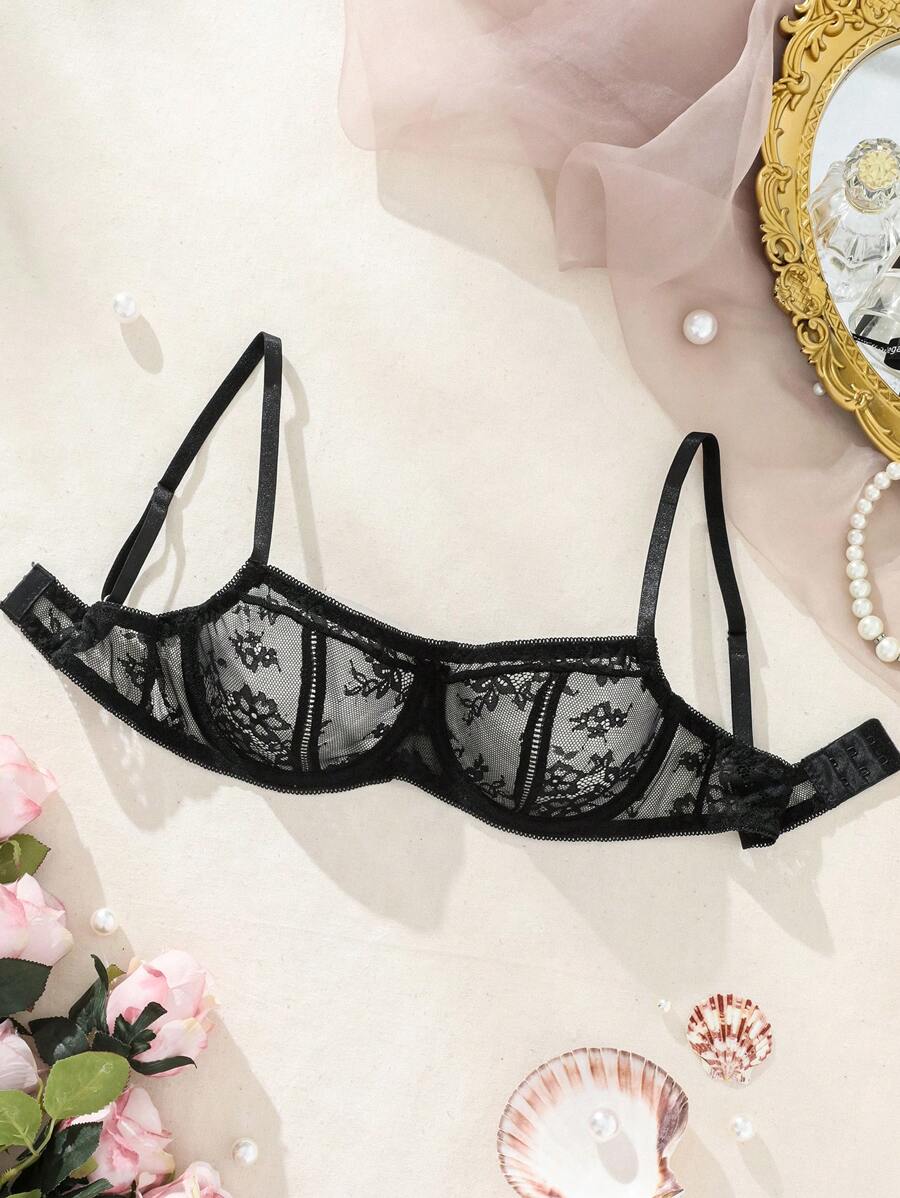 Sujetador de encaje con soporte de aros para mujer, lencería sexy - Negro - Ver 1