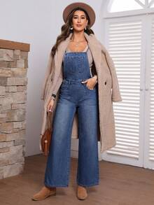 SHEIN LUNE 前紐扣喇叭牛仔背帶褲不帶T恤 - 藍色 - 查看 4