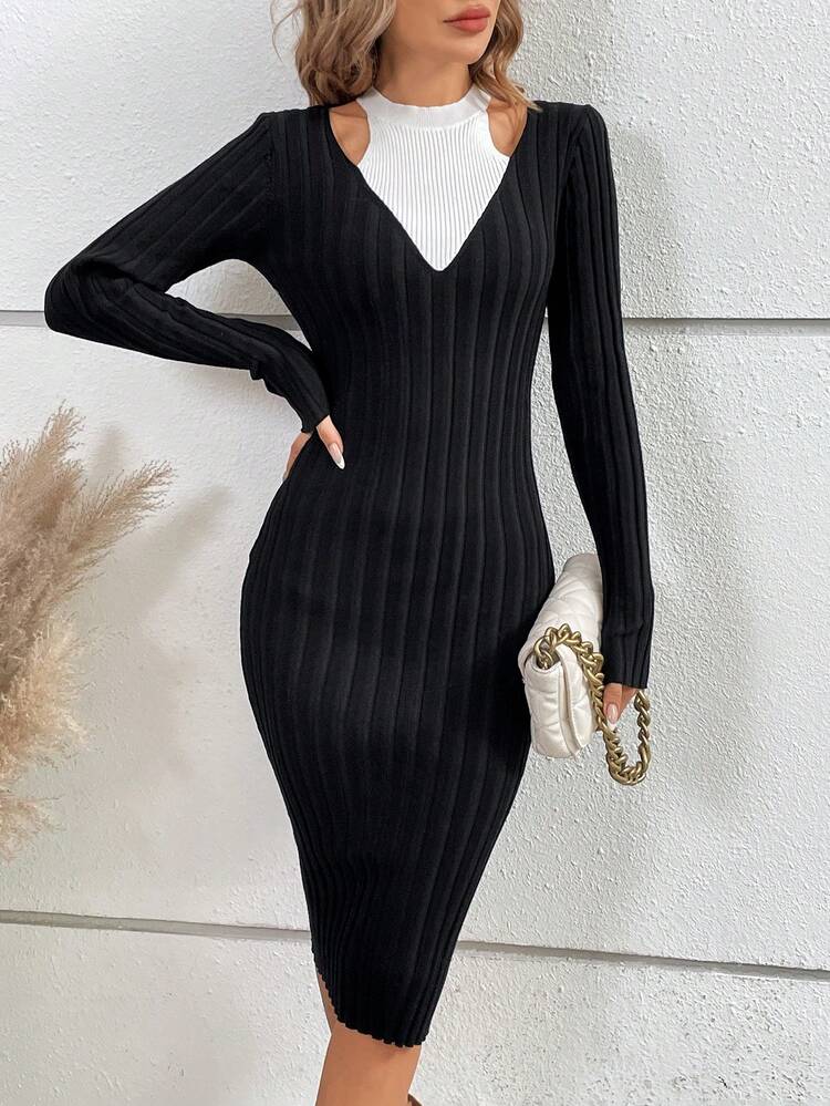 Contrast Color Cutout Fitted Sweater Dress Fall Cloth For Women