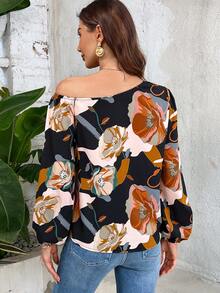SHEIN LUNE Women's Cold Shoulder Asymmetric Printed Blouse - Multicolor - View 2