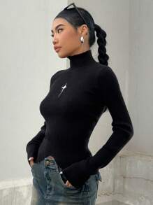 DAZY 女式高领星星刺绣开衩毛衣 Y2K 秋季 - 黑色 - 查看 6