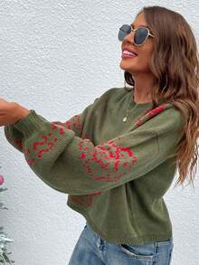 SHEIN LUNE 女用休閒花卉圖案毛衣 - 軍綠色 - 查看 5