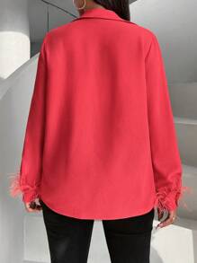 SHEIN Slayr Màu thuần Nút phía trước Lông vũ Nghệ Embellished Cổ tay áo Áo sơ mi - Đỏ - Xem 2