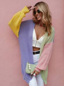 SHEIN LUNE Women's Color Block Drop Shoulder Cardigan - Multicolor - View 6