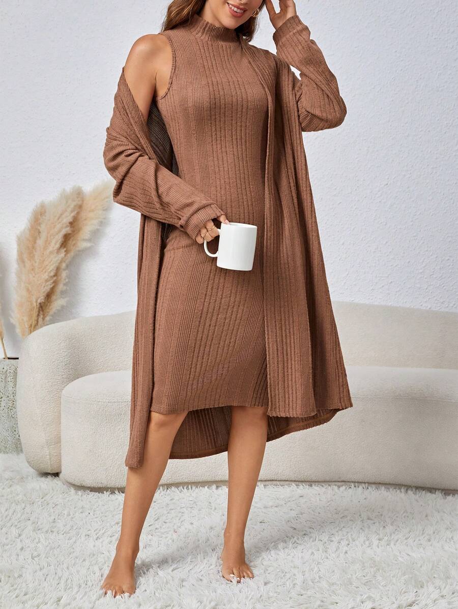 女式纯色无袖连衣裙和休闲开衫家居服套装 - 棕色 - 查看 1