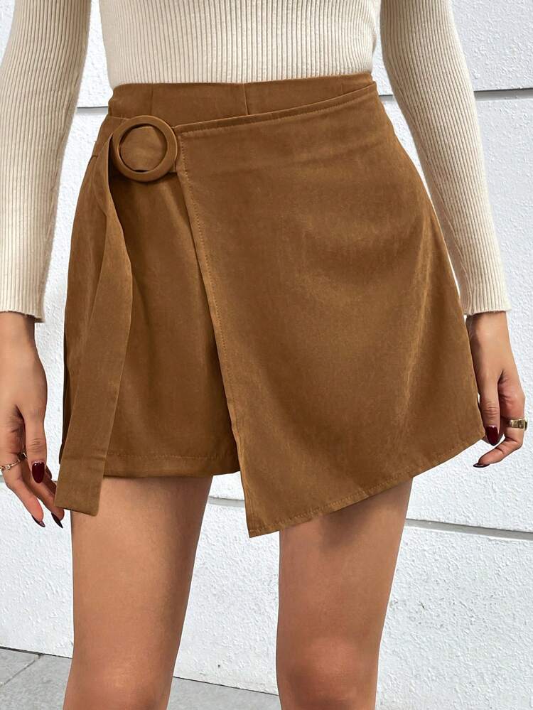 Ladies' Solid Color Wrap-Around Skort Winter Brown Casual