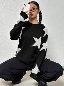 SHEIN Unity Hình sao Vòng cổ Áo chui đầu Áo len - màu đen - Xem 4