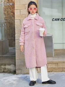 SHEIN 青少女純色針織毛絨長袍,鬆身休閒外套,設有雙口袋 - 淺粉色 - 查看 3