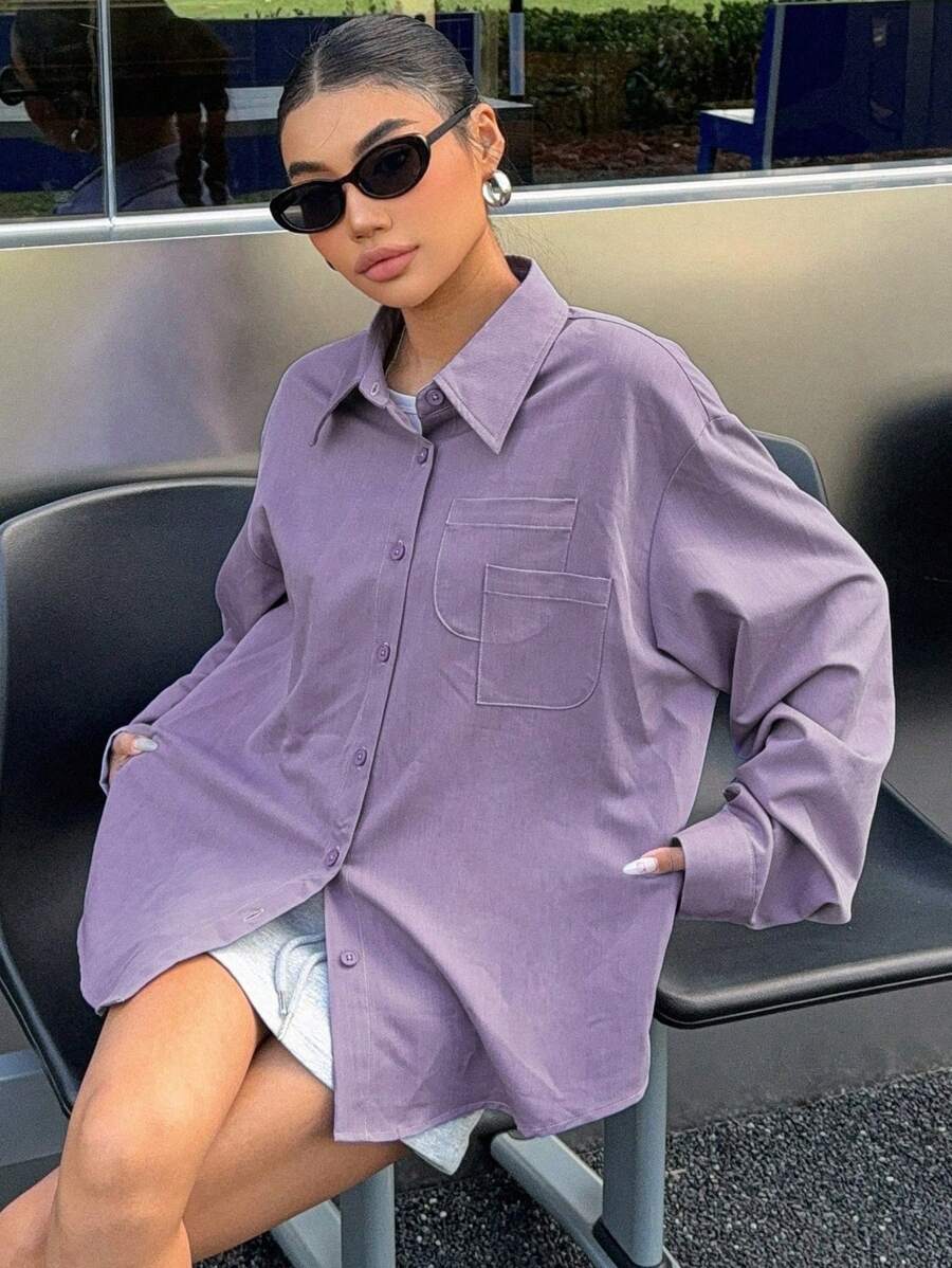 DAZY Camisa De Hombro Caído Para Mujeres Con Doble Bolsillo - Morado - Ver 1