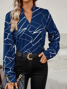 SHEIN LUNE Notched Collar Geometric Print Shirt With Frill Trimmed - Navy Blue - View 6