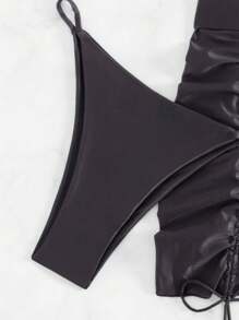 SHEIN Swim Women's Halter Neck Ruffled Separated Swimming Suit, 3pcs/Set Summer - Black - View 5