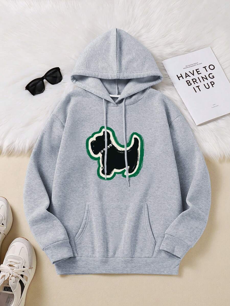 SHEIN EZwear 女式卡通印花连帽运动衫，配有抽绳和保暖内衬 - 淺灰色 - 查看 1