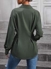SHEIN Clasi Eo Xếp li Thả vai Tay áo Áo sơ mi - xanh quân đội - Xem 2