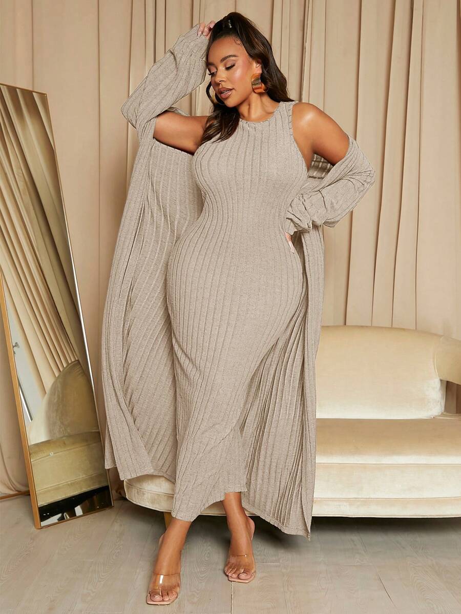 SHEIN SXY Women's Plus Size Ribbed Knit Cardigan And Sleeveless Dress Set - Apricot - View 1