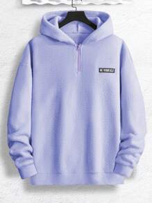Manfinity Homme Áo hoodie Teddy rộng rãi có dây kéo vá chữ phía trước cho nam, dành cho quần vợt, áo hoodie màu tím cho nam, áo hoodie kéo khóa 1/4 cho nam, áo hoodie Sherpa cho nam - Màu tím hoa cà - Xem 5