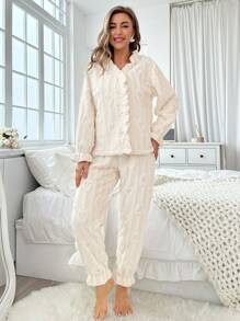 荷葉邊飄帶袖睡衣套裝 - 米色 - 查看 6