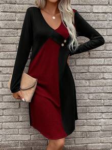 SHEIN LUNE Vestido Evasé Asimétrico Con Patchwork Bicolor - Burdeos - Ver 5