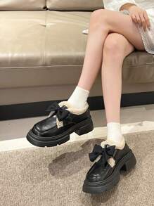 Fashionable Women's Round Toe Loafers With Bow Knot, Wedge & Platform Thick Bottom, Waterproof - Black - View 4