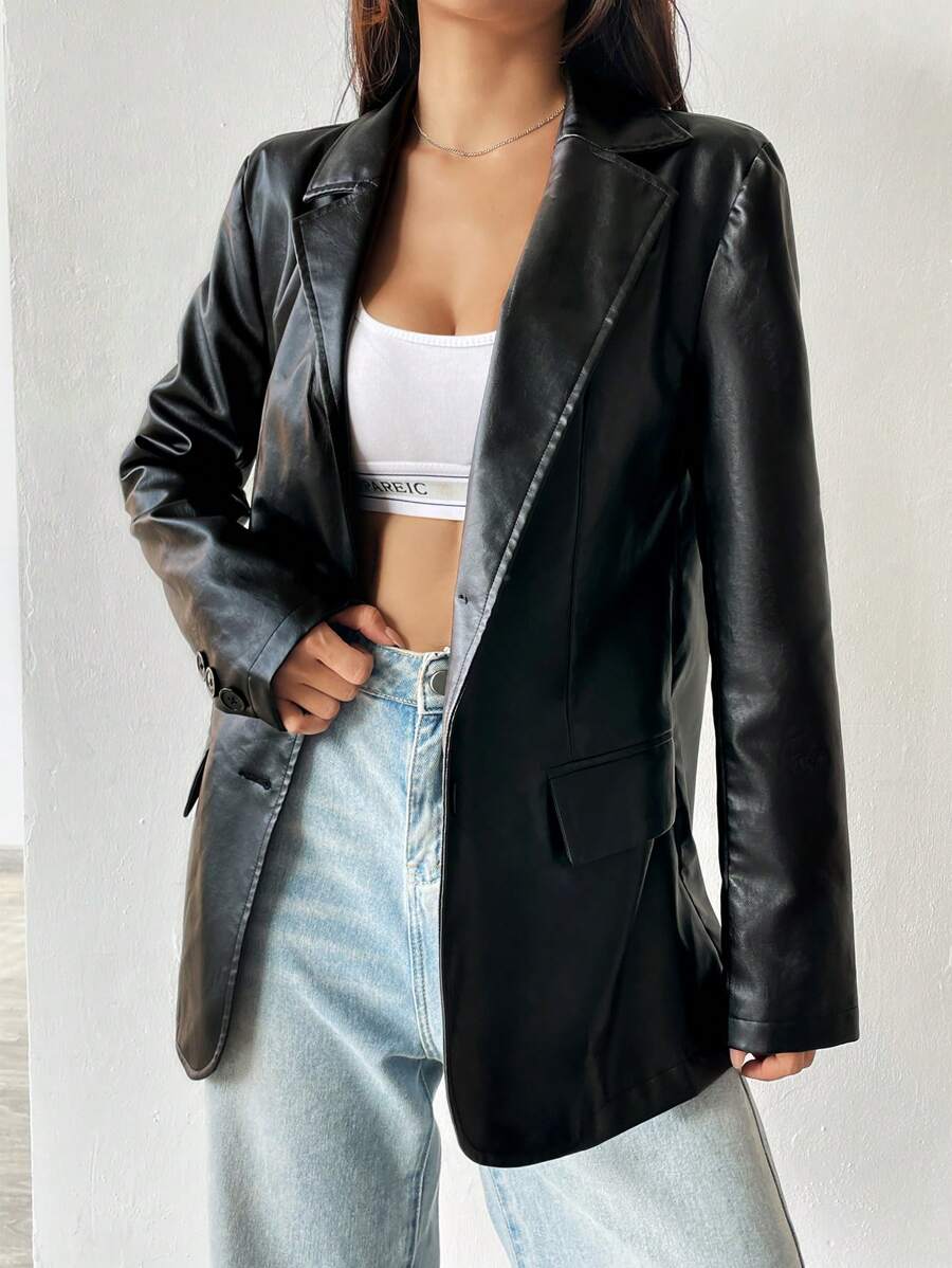 SHEIN EZwear Cổ áo tây Da giả Áo vest Áo khoác - màu đen - Xem 1