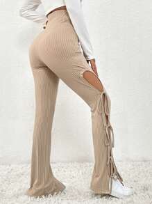SHEIN Unity Hoch Taillierte Lange Hose Mit Cut-out Und Schnürung - Khaki - Übersicht 2