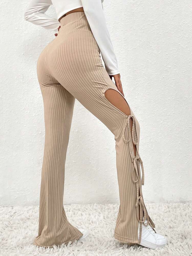 High Waist Cut-Out Lace Up Long Pants Fall Cloth For Women
