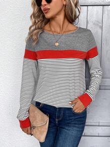 SHEIN LUNE Women's Horizontal Stripe Long Sleeve Round Neck T-shirt - Multicolor - View 4