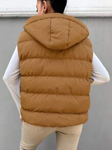 SHEIN Cottnline Zip Up Drawstring Hooded Puffer Vest Coat - Khaki - View 2