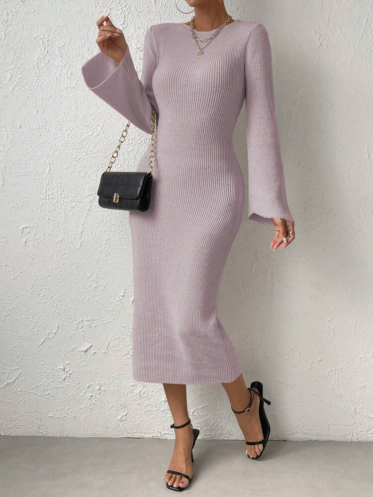 Fitted Sweater Dress With Flared Sleeves Fall Cloth For Women