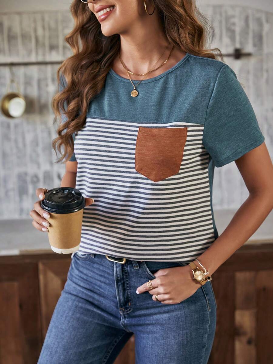 SHEIN LUNE 女士条纹口袋短袖T恤，休闲款 - 彩色 - 查看 1
