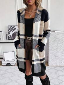 SHEIN Privé Women's Plaid Double Pockets Cardigan With Open Front - Multicolor - View 6