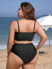 SHEIN Swim Curve 大码女式褶饰吊带比基尼套装夏季海滩 - 黑色 - 查看 2