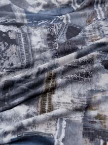 SHEIN ICON 滿版印花側抽繩喇叭袖小高領不對稱下擺網紗T恤 - 藏蓝色 - 查看 6