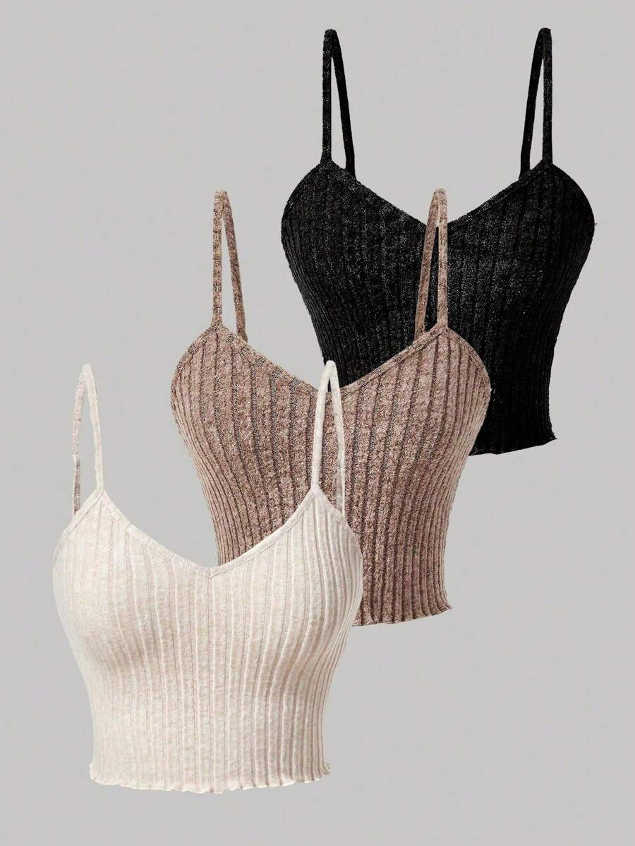 Chiquease 3pcs Lettuce Trim Ribbed Knit Cami Top - Multicolor - View 1