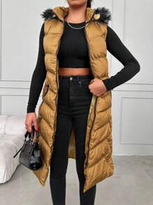 EURMUSE Fuzzy Trim Hooded Puffer Vest Coat - Orange - View 3