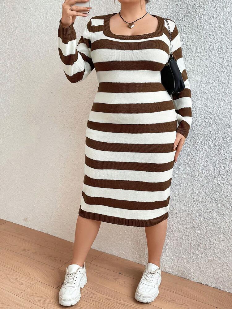 Plus Size Women's Striped Long Sweater Dress