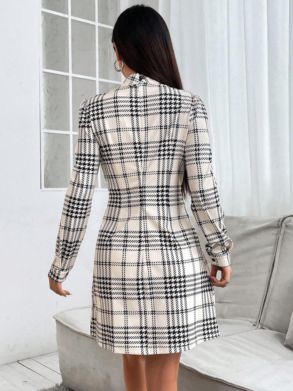 Houndstooth Lantern Sleeve Dress ,Petite Women