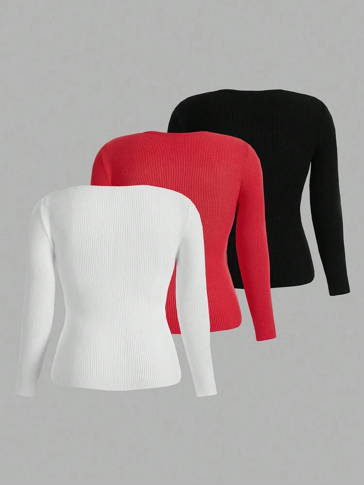 Plus Size 3pcs Solid Color Twisted Knit Sweater Knit Pullover Fall Winter Sweater