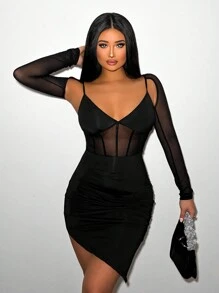 VaVaBold Viền bất đối xứng Tay áo dài Lưới Nối Đầm - màu đen - Xem 1