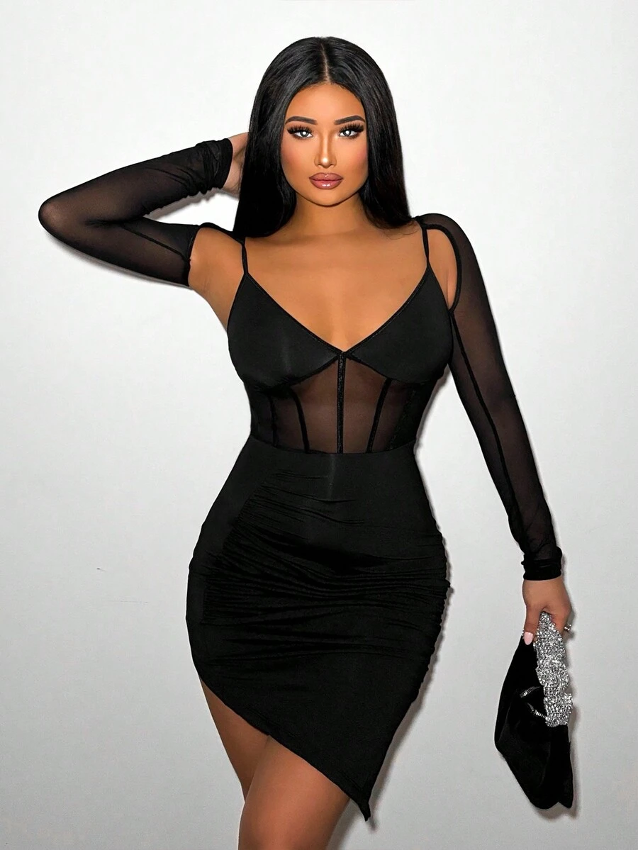 VaVaBold Viền bất đối xứng Tay áo dài Lưới Nối Đầm - màu đen - Xem 1