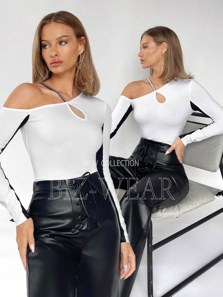 BizChic 女士不对称领口拼色紧身衣 - 黑與白 - 查看 1