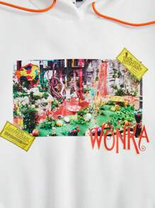 Willy Wonka and the Chocolate Factory X SHEIN Plus號字母&花園圖形束口帽白色連帽衛衣 - 白色 - 查看 5